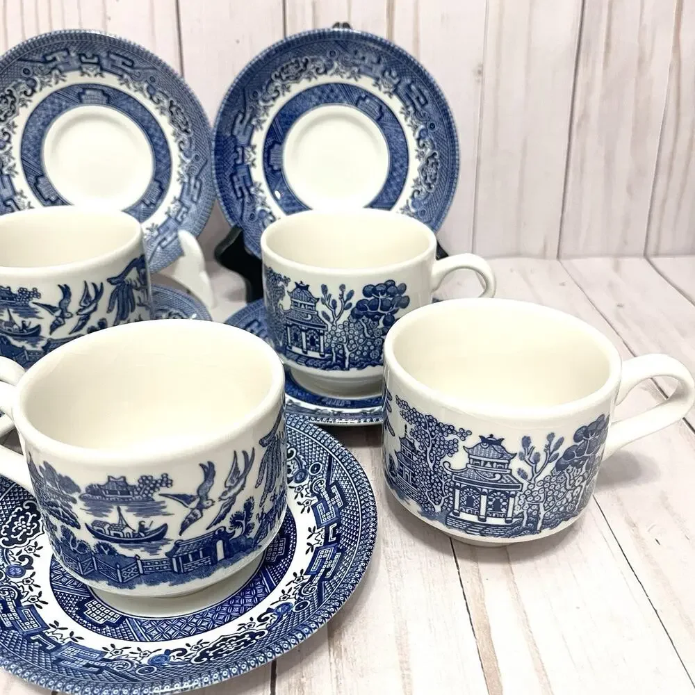 VTG Set 5 Churchill Blue Willow Coffee Tea Cups and Saucers Made in England MCM